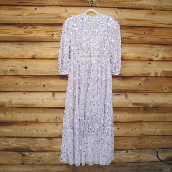 Mac Duggal Purple Floral Applique Puff Sleeve High Neck A-Line Gown Dress - Picture 10 of 15